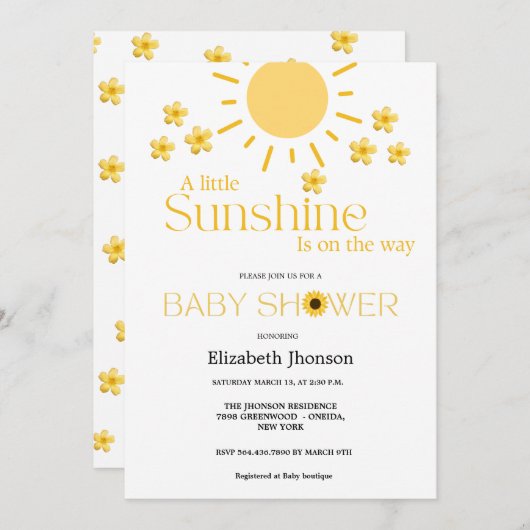 水の色ひまわり私たちの小さな赤ちゃんシャワー 案内状 (正面/裏面)