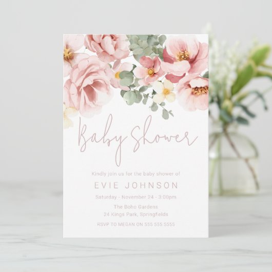 水の色ほこりっぽいバラ美しいベビーシャワー 招待状 (スタンド正面)