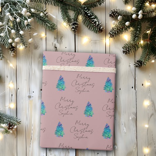 水の色ほこりっぽいパーソナライズされたバラメリークリスマス ラッピングペーパー