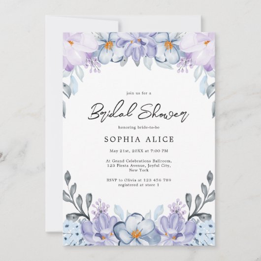 水の色ほこりっぽいフローラロマンチックブライダルシャワー 招待状 (正面)