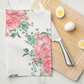水の色みすぼらしいシックなピンクのバラと水玉模様 キッチンタオル (四つ折り)