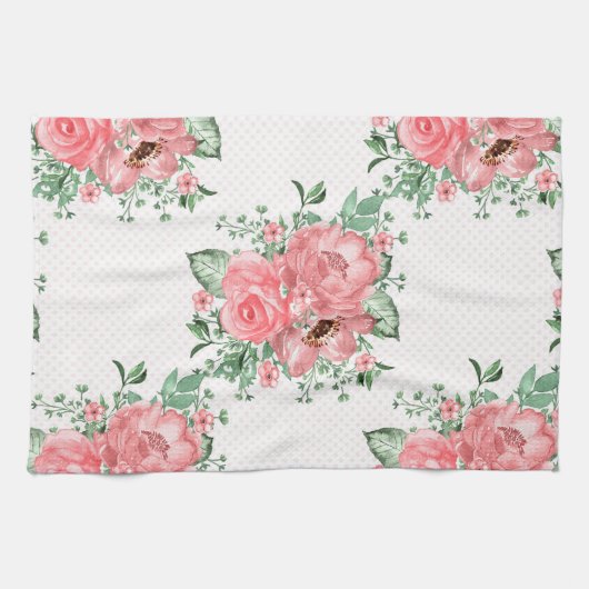 水の色みすぼらしいシックなピンクのバラと水玉模様 キッチンタオル (横)