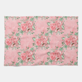 水の色みすぼらしいシックなピンクのバラと水玉模様 キッチンタオル