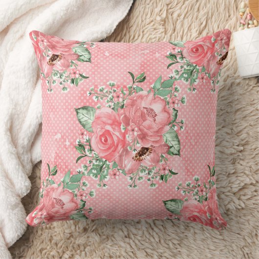 水の色みすぼらしいシックなピンクのバラと水玉模様 クッション (ブランケット)