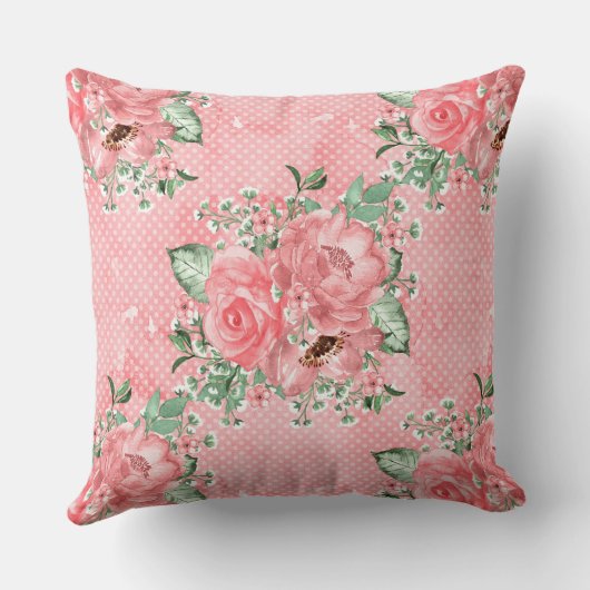 水の色みすぼらしいシックなピンクのバラと水玉模様 クッション (裏面)