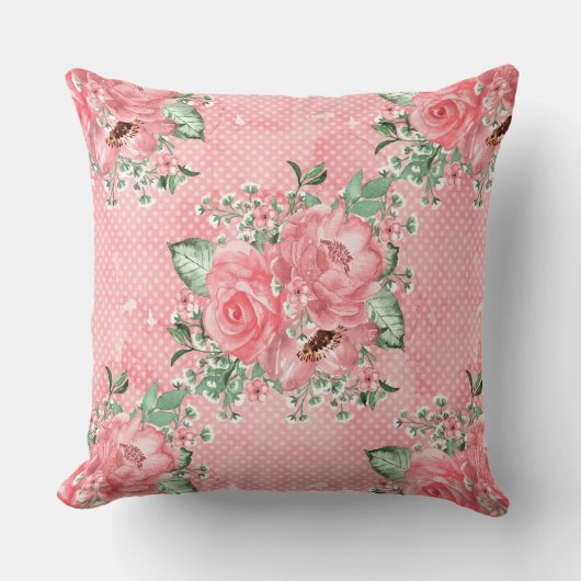 水の色みすぼらしいシックなピンクのバラと水玉模様 クッション (正面)