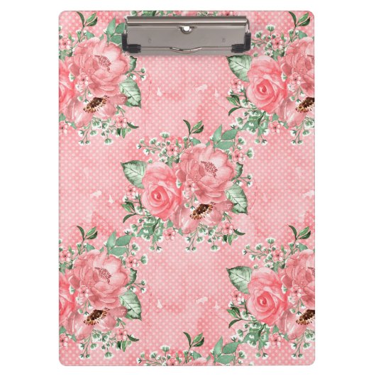 水の色みすぼらしいシックなピンクのバラと水玉模様 クリップボード (正面)