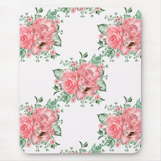 水の色みすぼらしいシックなピンクのバラと水玉模様 マウスパッド (正面)