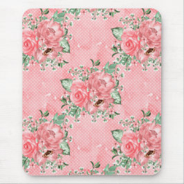 水の色みすぼらしいシックなピンクのバラと水玉模様 マウスパッド