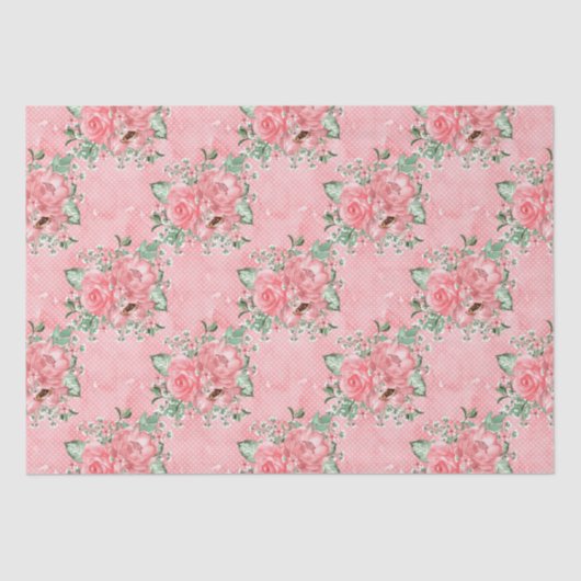 水の色みすぼらしいシックなピンクのバラと水玉模様 薄葉紙 (正面)