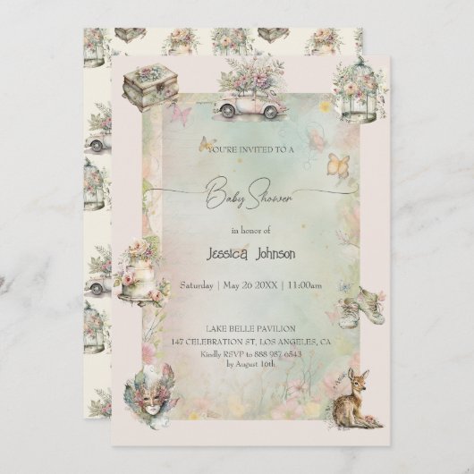 水の色みすぼらしいシックな赤ちゃんシャワー 招待状 (正面/裏面)