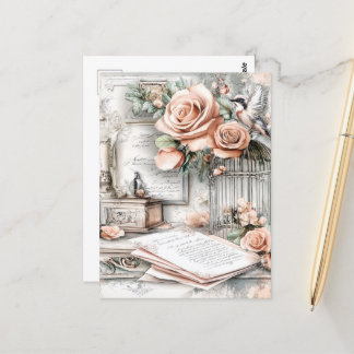 水の色みすぼらしいシックな鳥ケージ&バラ ポストカード