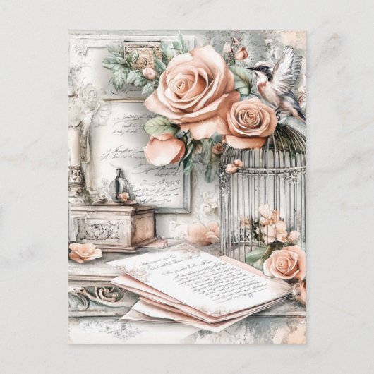 水の色みすぼらしいシックな鳥ケージ&バラ ポストカード (正面)