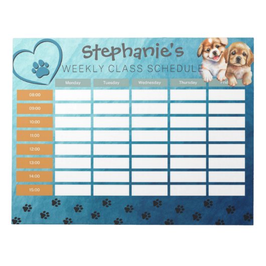 水の色をカスタマイズする犬の週ごとのクラススケジュール ノートパッド (正面)
