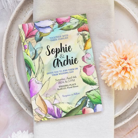 水の色をカスタマイズする縁付き花 招待状