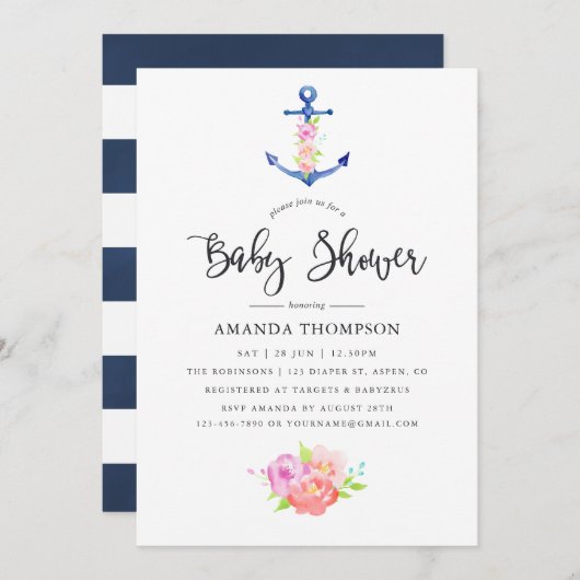 水の色をテーマ航海のにしたフローラベビーシャワー 招待状 (正面/裏面)