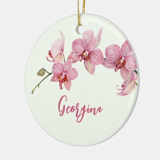 水の色をパーソナライズするピンクの蛾の蘭の花 セラミックオーナメント (左)