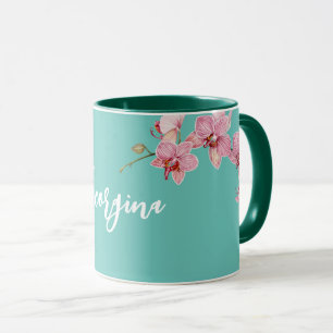水の色をパーソナライズするピンクの蛾の蘭の花 マグカップ