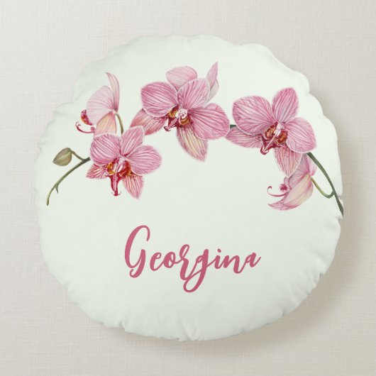 水の色をパーソナライズするピンクの蛾の蘭の花 ラウンドクッション (正面)