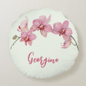 水の色をパーソナライズするピンクの蛾の蘭の花 ラウンドクッション (裏面)