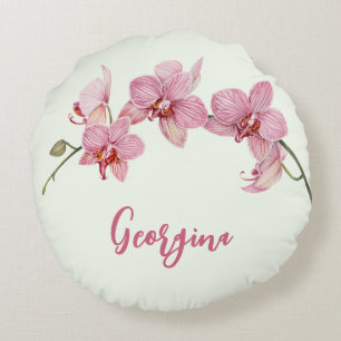 水の色をパーソナライズするピンクの蛾の蘭の花 ラウンドクッション