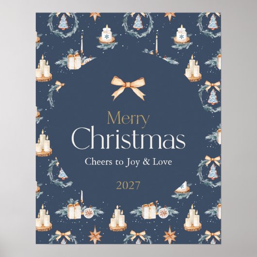 水の色を使用したメリークリスマスポスター金ゴールドボウ ポスター (正面)