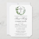 水の色アイビーリースファーストコミューニオンシルバー 招待状 (正面)