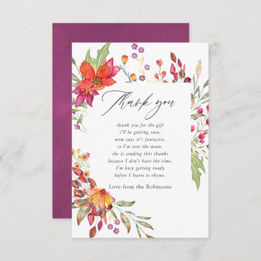 水の色アクアレルワイルドフラワーベビーシャワー サンキューカード (正面/裏面)