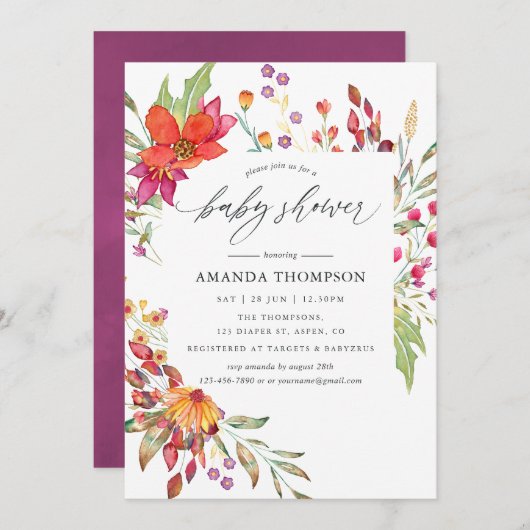 水の色アクアレルワイルドフラワーベビーシャワー 招待状 (正面/裏面)