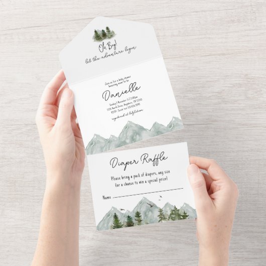 水の色アドベンチャーフォレストベビーシャワー オールインワン招待状 (貼ってはがせる)