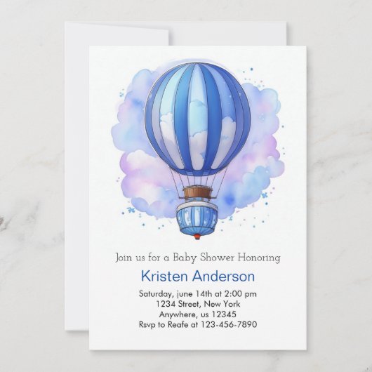 水の色アドベンチャーホットエアバルーン赤ちゃんシャワー 招待状 (正面)