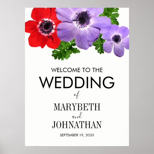 水の色アネモンフローラ結婚のウェルカムサイン ポスター (正面)