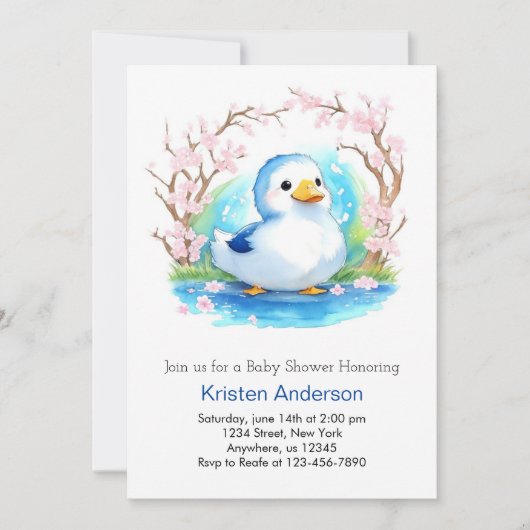 水の色アヒルかわいい牧草地の男の子の赤ちゃんシャワー 招待状 (正面)