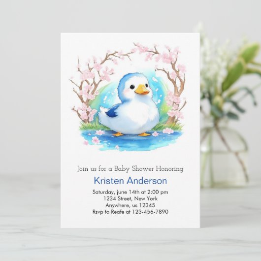 水の色アヒルかわいい牧草地の男の子の赤ちゃんシャワー 招待状 (スタンド正面)