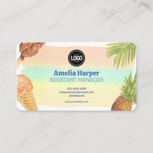 水の色アートをカスタマイズしたアイスクリームテーマ 名刺 (正面)