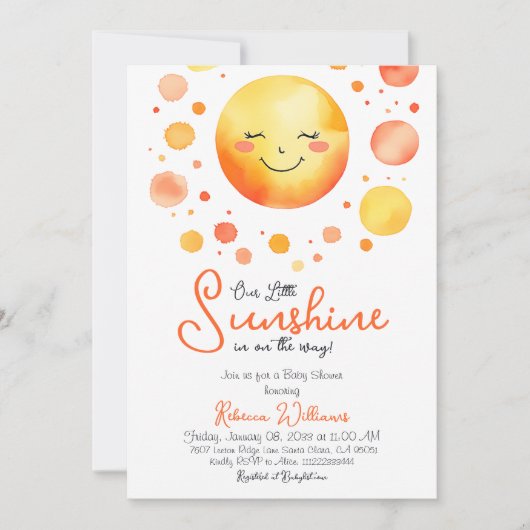 水の色イエローリトルサンシャインベビーシャワー 招待状 (正面)