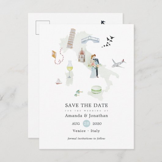 水の色イタリア宛先ウェディング日付を保存 案内ポストカード (正面/裏面)