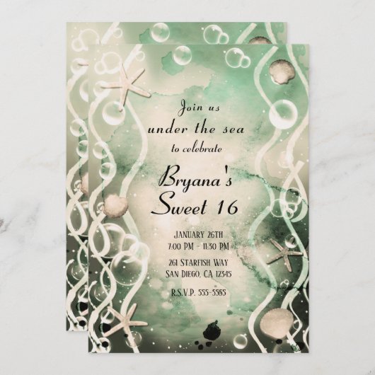 水の色インクスプラッシュオリーブザシースウィート16 招待状 (正面/裏面)