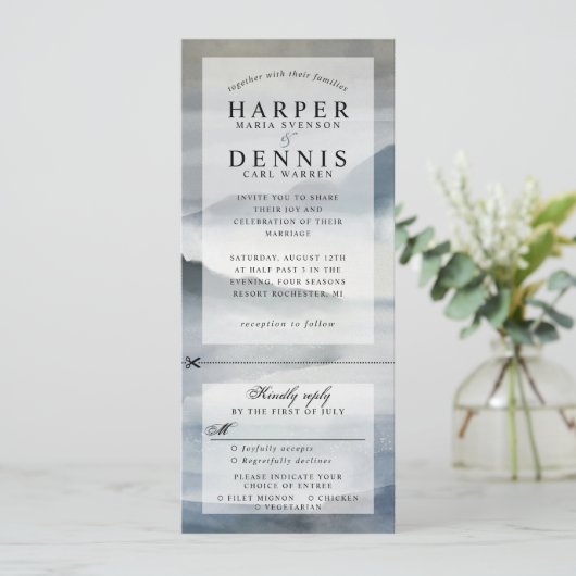 水の色インディゴ山の結婚式を招待するrsvp 招待状 (スタンド正面)