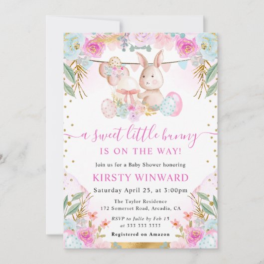 水の色イースターウサギと花ベビーシャワー 招待状 (正面)