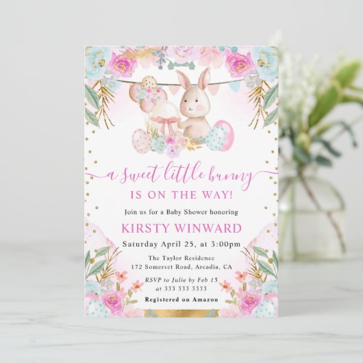 水の色イースターウサギと花ベビーシャワー 招待状 (スタンド正面)