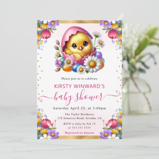 水の色イースターシック春の花ベビーシャワー 招待状 (スタンド正面)