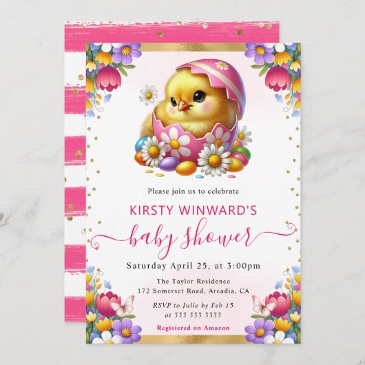 水の色イースターシック春の花ベビーシャワー 招待状 (正面/裏面)