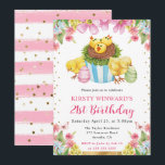 水の色イースターチックス春21st誕生日 招待状<br><div class="desc">水の色エレガントイースターチックス、カップケーキと卵のデザインピンク、黄色と青の春の花とピンクの背景ストライプ付き</div>