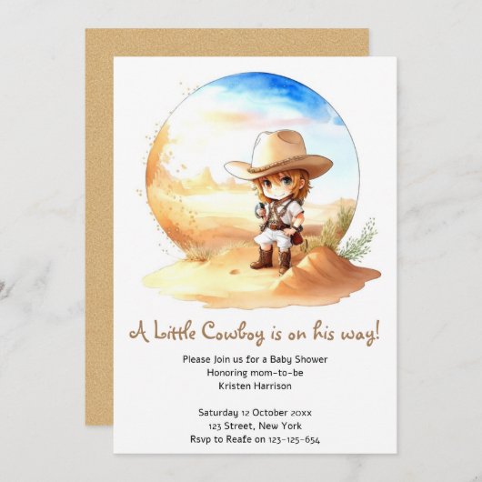 水の色ウェスタンワイルドウエストカウボーイベビーシャワー 招待状 (正面/裏面)
