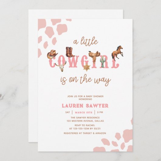 水の色ウェスタン女性のカーボーイベビーガールシャワー 招待状 (正面/裏面)