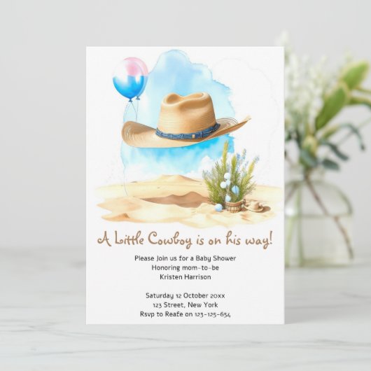 水の色ウェスタン:男の赤ちゃんのカウボーイシャワー 招待状 (スタンド正面)