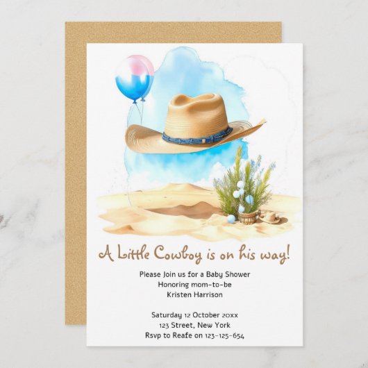 水の色ウェスタン:男の赤ちゃんのカウボーイシャワー 招待状 (正面/裏面)