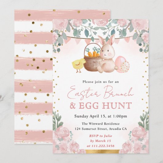 水の色ウサギと春の花イースター 招待状 (正面/裏面)