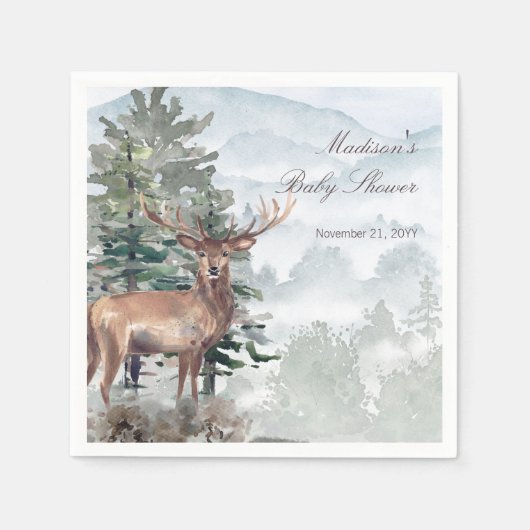 水の色ウッドランドフォレストスタッグベビーシャワー スタンダードカクテルナプキン (正面)
